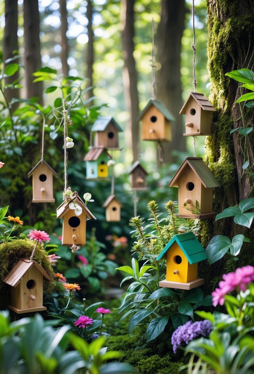 A garden with tiny colorful birdhouses hanging among green plants and flowers under sunlight filtering through trees.