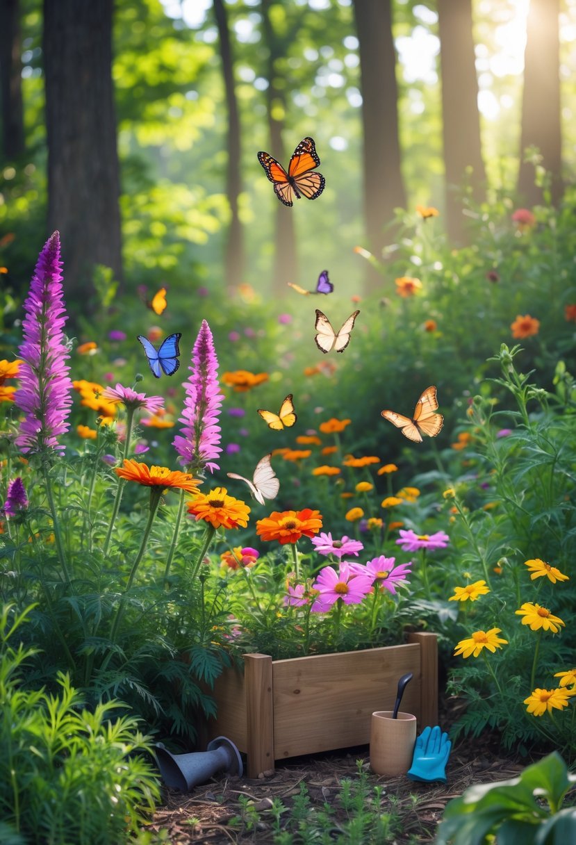 A colorful wildflower garden in a forest with butterflies flying among the flowers and greenery.
