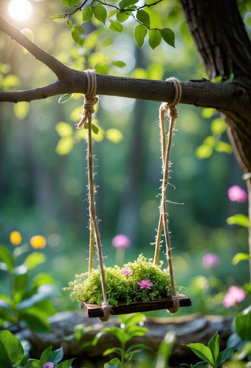 A tiny fairy swing hanging from a tree branch surrounded by green leaves and small flowers in a forest garden.