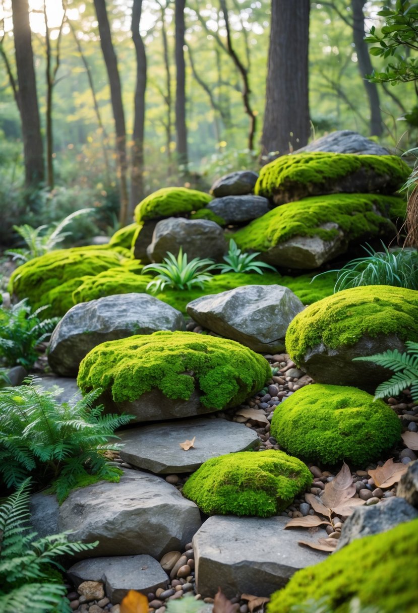 A moss-covered rock garden surrounded by ferns and woodland plants with trees in the background.