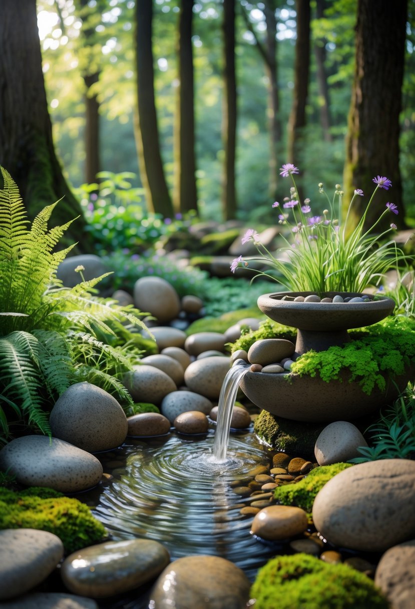 A tranquil forest garden with a small pebble fountain surrounded by green plants, moss, and trees with sunlight filtering through.