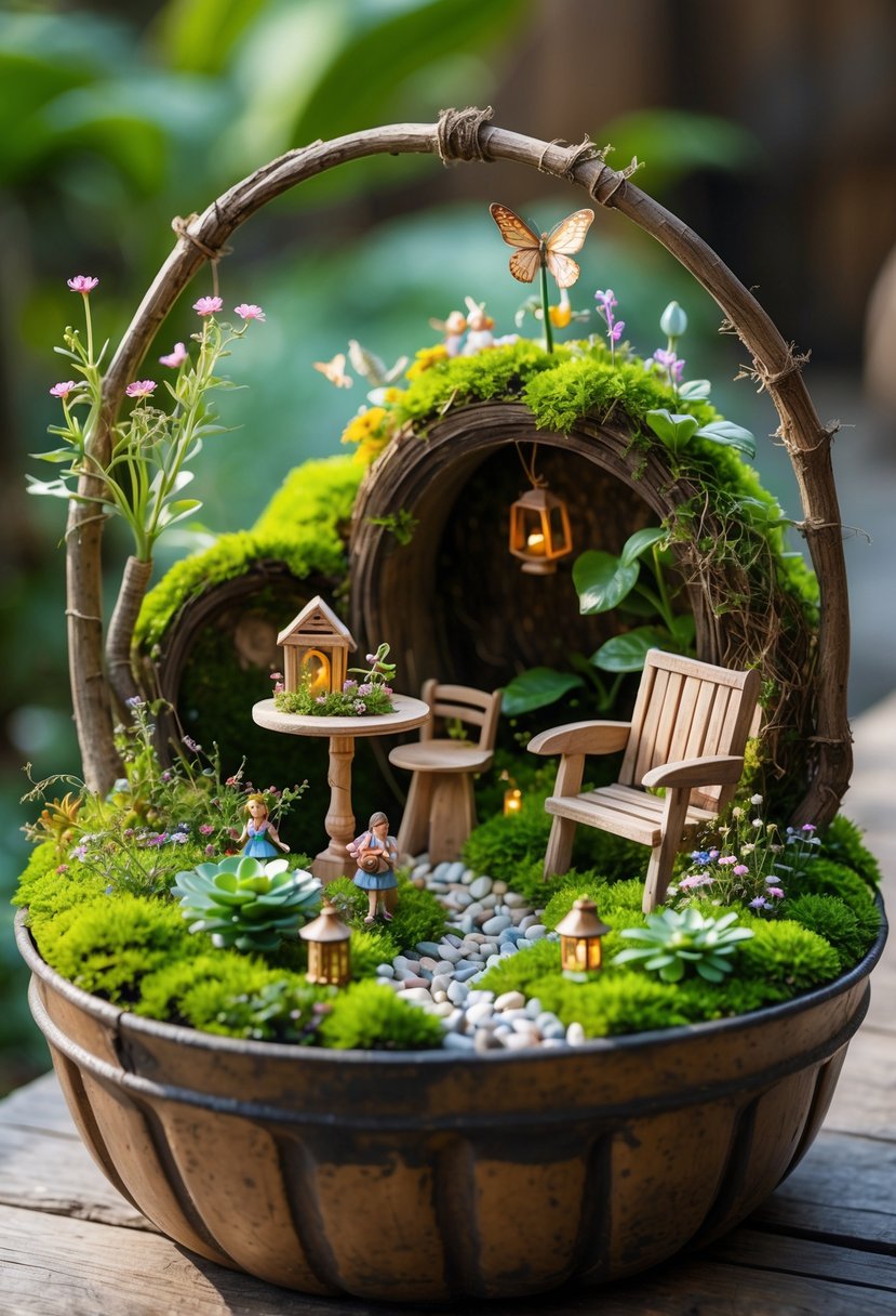 A large container filled with a miniature fairy garden featuring tiny wooden furniture, moss, plants, flowers, and small decorative elements.