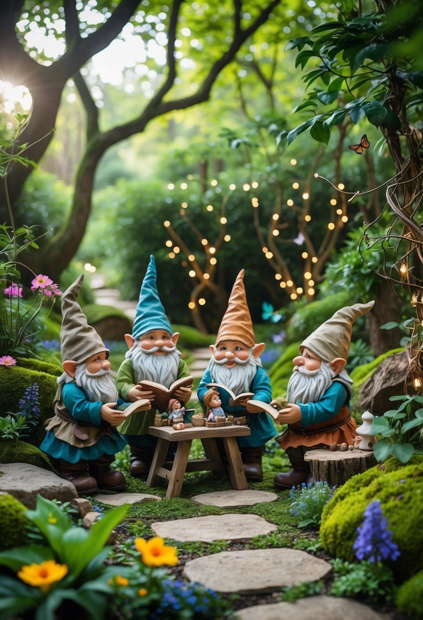 A garden scene with whimsical gnomes gathered around a small wooden table in a lush forest setting surrounded by flowers, trees, and small woodland creatures.