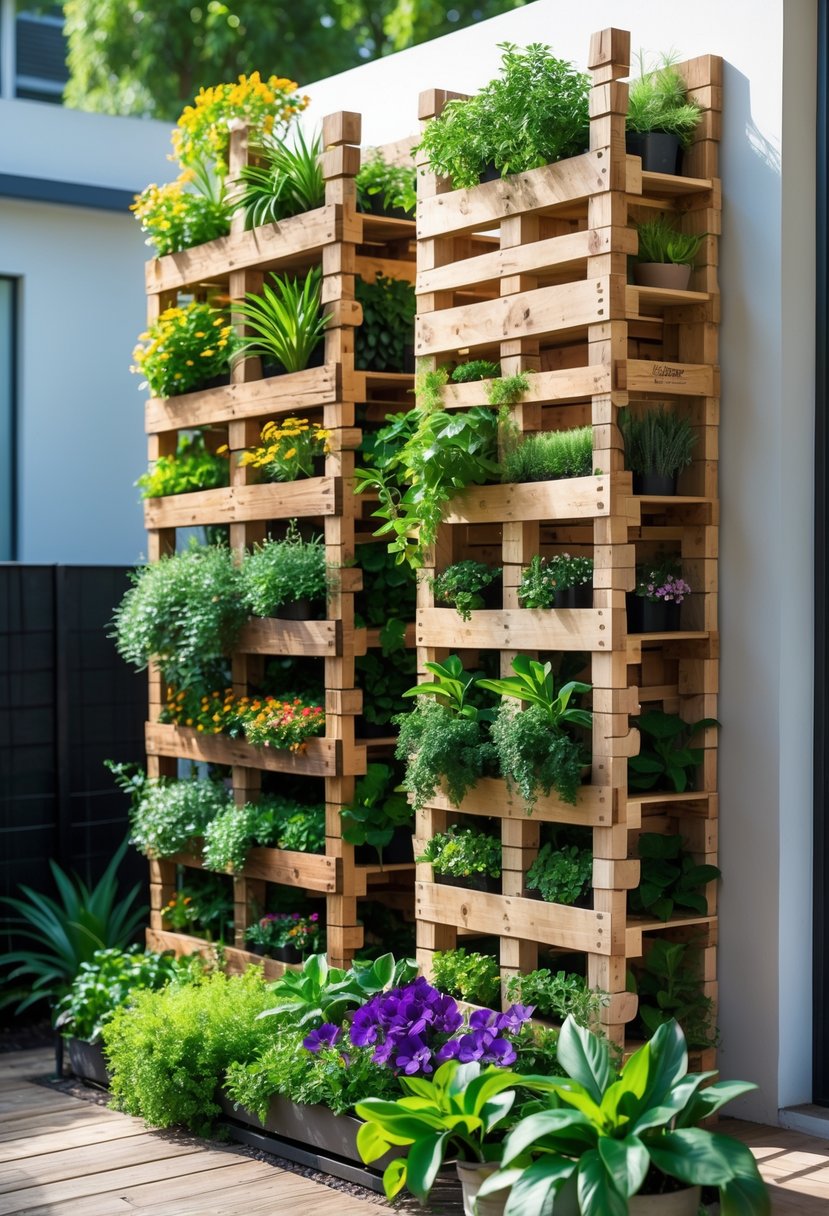 Vertical garden made from wooden pallets filled with green plants and flowers outdoors.
