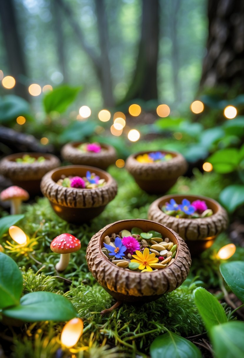 Close-up of acorn caps filled with tiny berries and flower petals placed on moss in a forest setting.