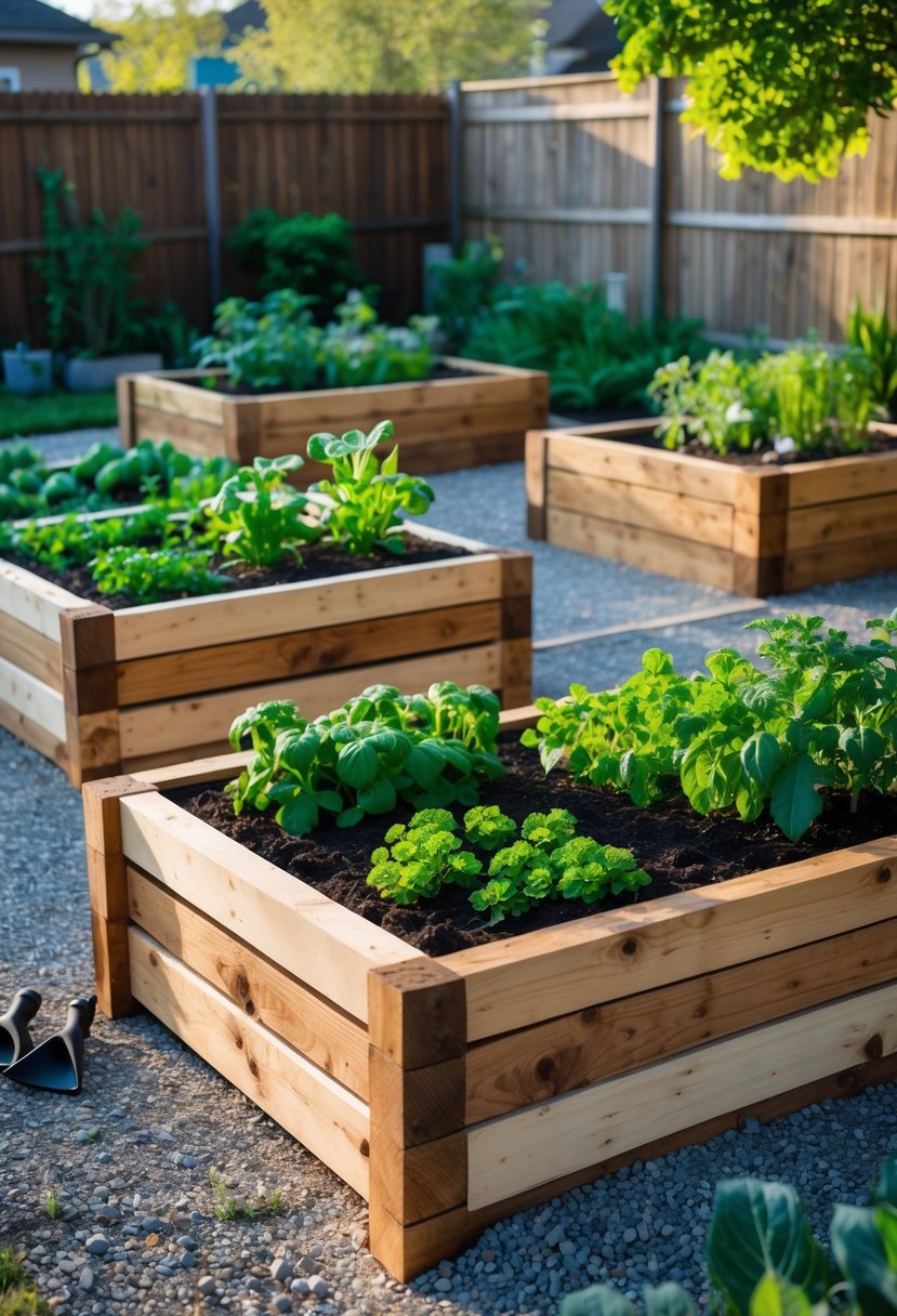Backyard with raised garden beds made of reclaimed wood filled with green plants and gardening tools nearby.