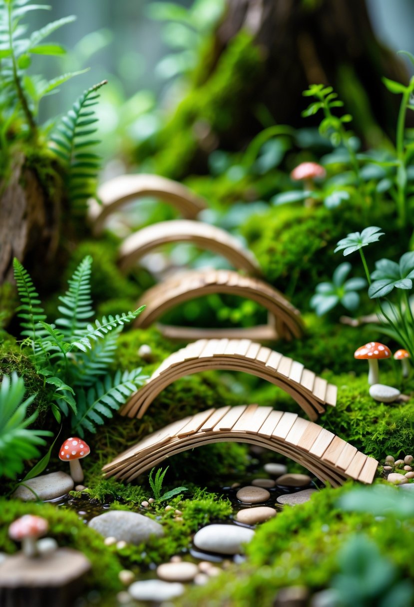 Miniature enchanted forest garden with small popsicle stick bridges surrounded by moss, plants, and tiny mushrooms.