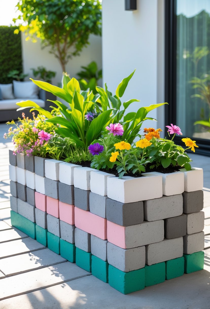 A painted cinder block planter filled with green plants and flowers on a sunny outdoor patio.