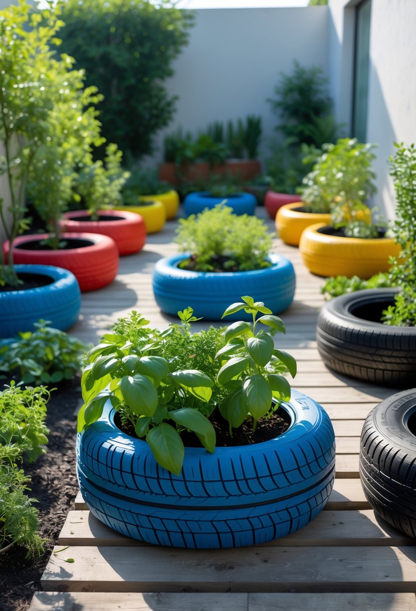Colorful old tires used as containers for a variety of green herb plants arranged in a sunny outdoor garden.