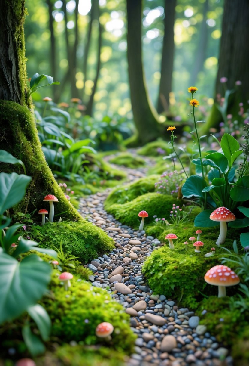 A forest garden with tiny footprints and pebbles forming small trails surrounded by moss, flowers, and plants.