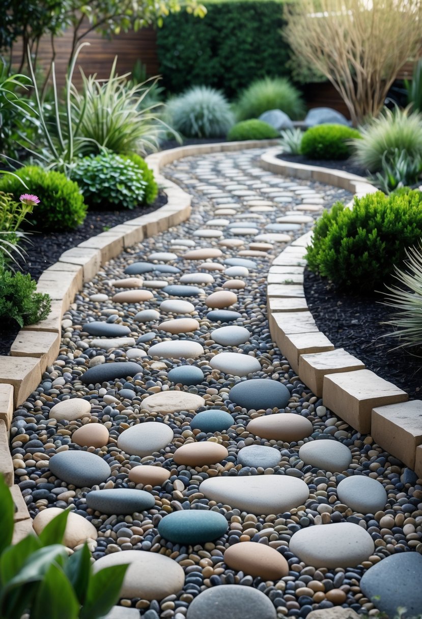 A winding pebble mosaic pathway surrounded by green plants and small flowers in a garden.