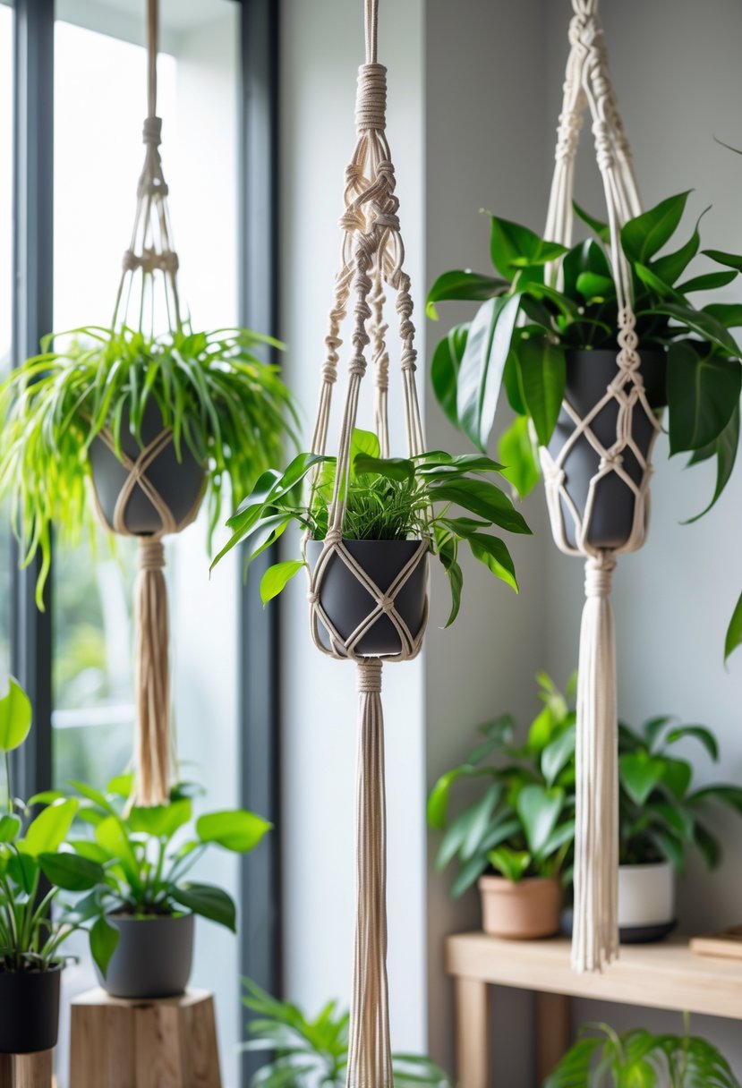 Several green hanging plants in macramé holders displayed indoors near a window with natural light.