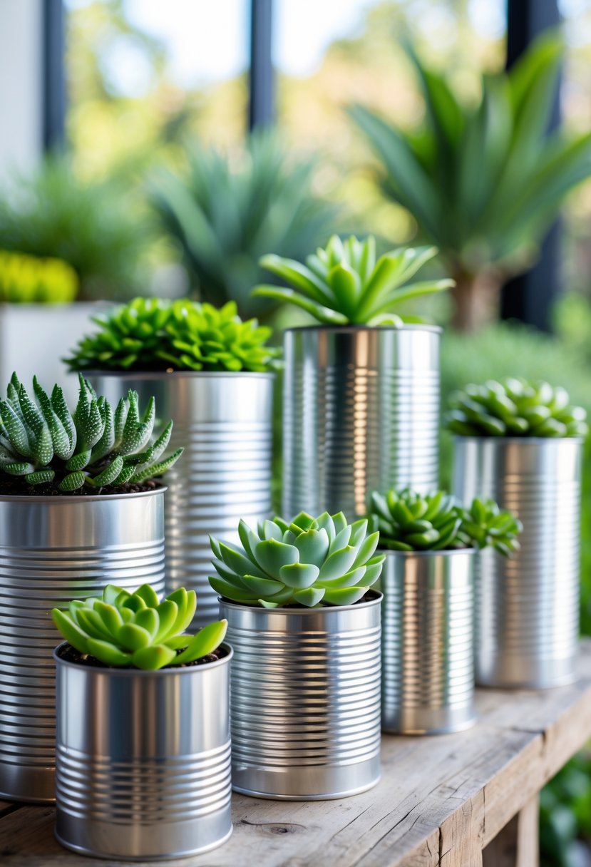 A collection of tin cans used as pots holding various succulent plants arranged on a wooden surface in a garden setting.