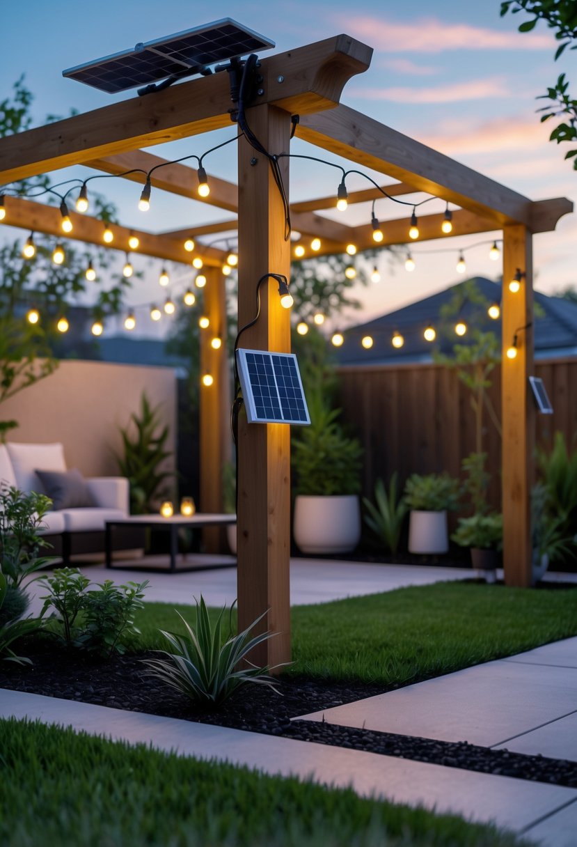 A modern backyard garden at dusk with solar-powered string lights glowing warmly over plants and outdoor furniture.
