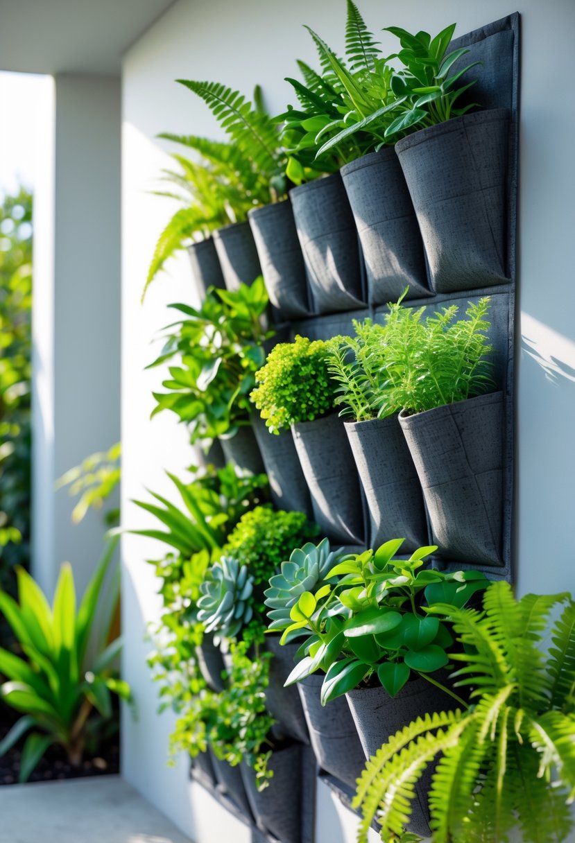 A vertical living wall covered with green plants growing in pocket planters attached to a clean wall.