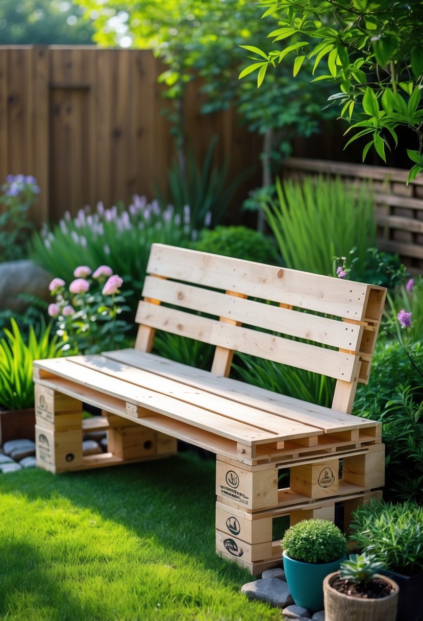 A wooden garden bench made from scrap pallets in a green garden with plants and grass.