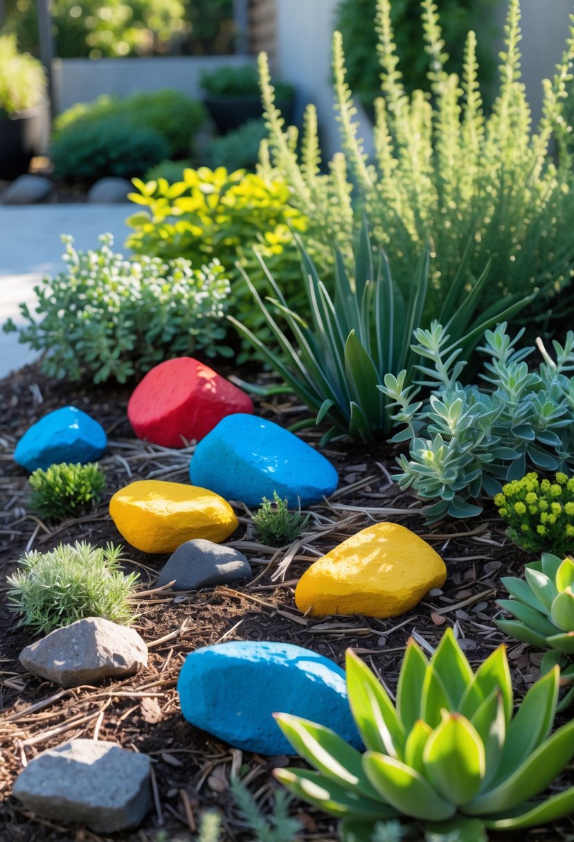 A garden with various plants surrounded by brightly painted colorful rocks placed on the soil.