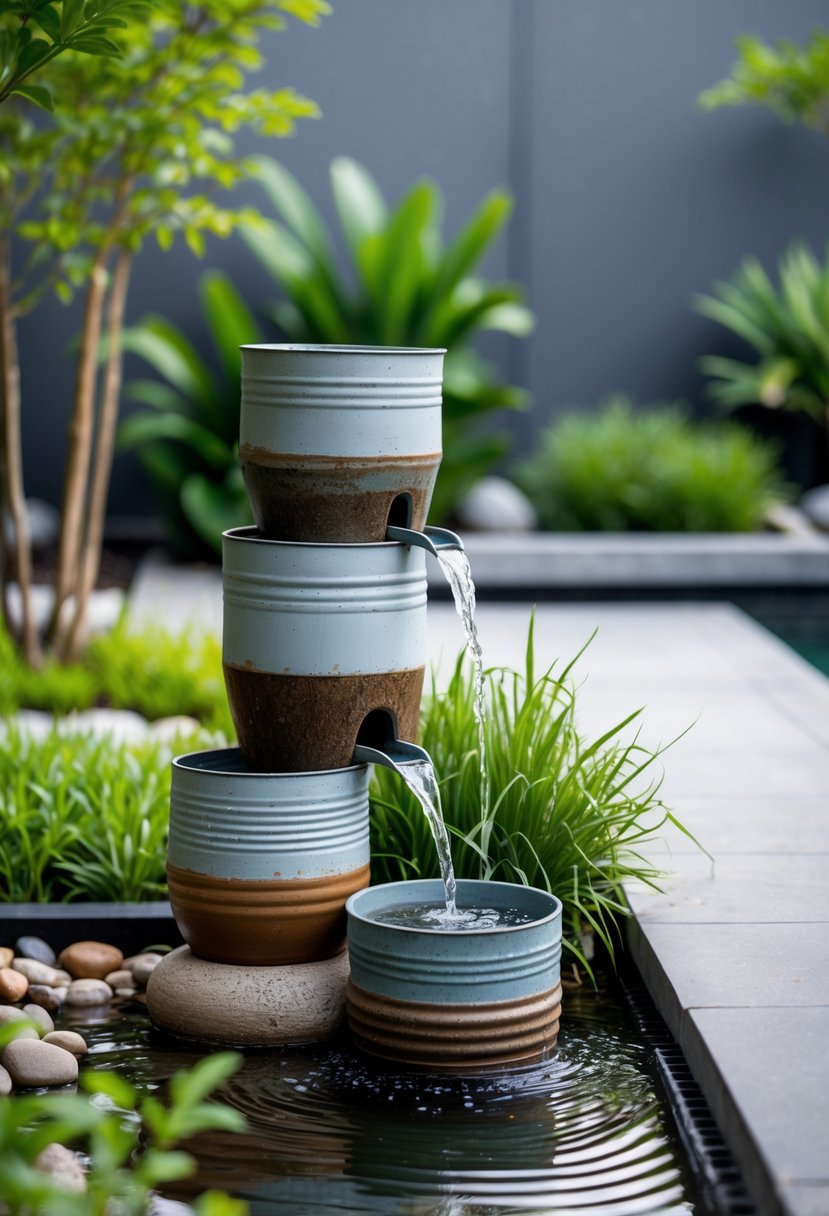Small water feature made from recycled containers with water flowing between them, surrounded by green plants and stones in a garden.