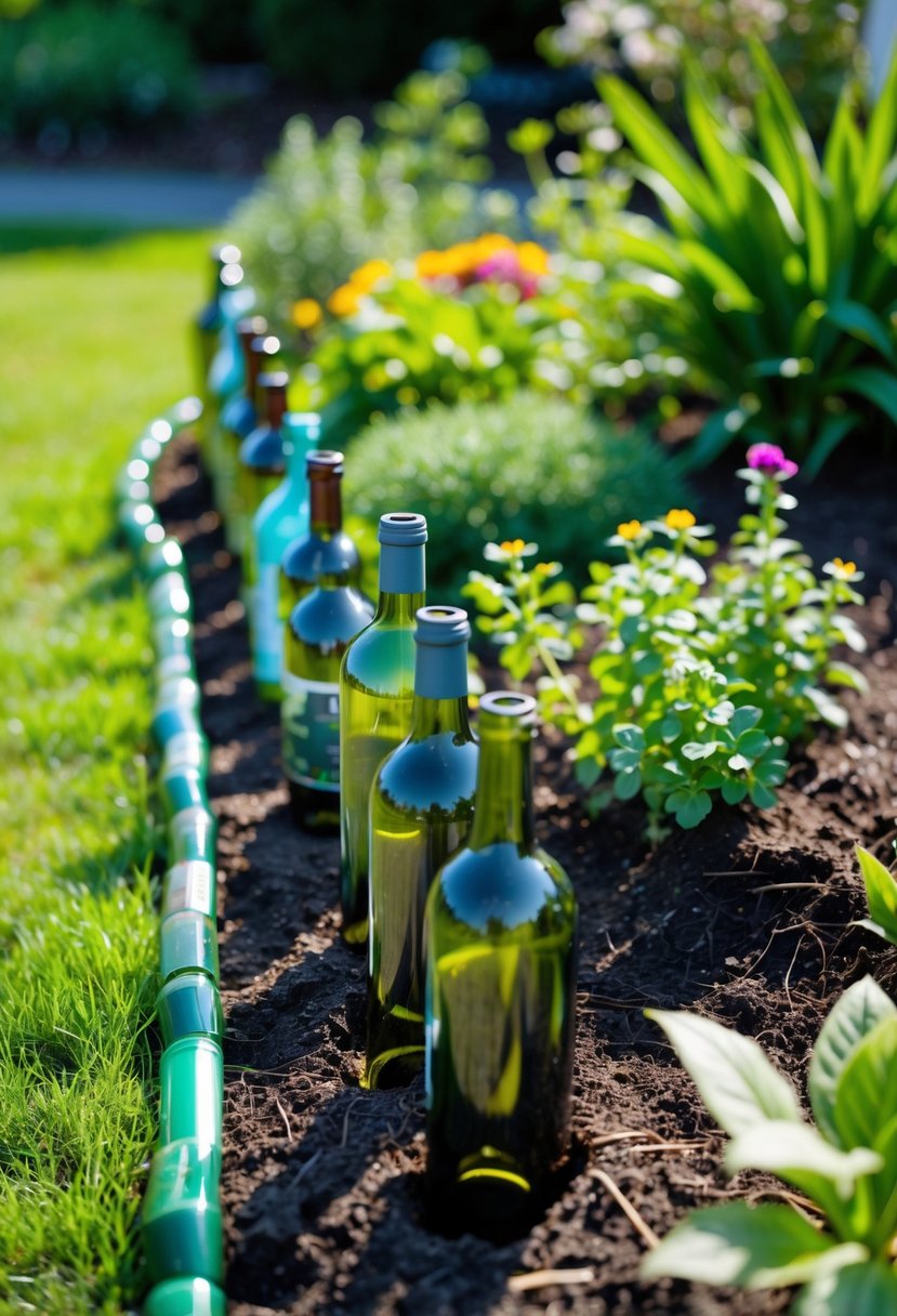 A garden bed bordered by upright wine bottles used as edging, surrounded by green plants and flowers.