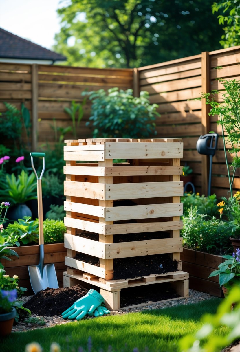 A backyard garden with a compost bin made from wooden pallets surrounded by plants and gardening tools.