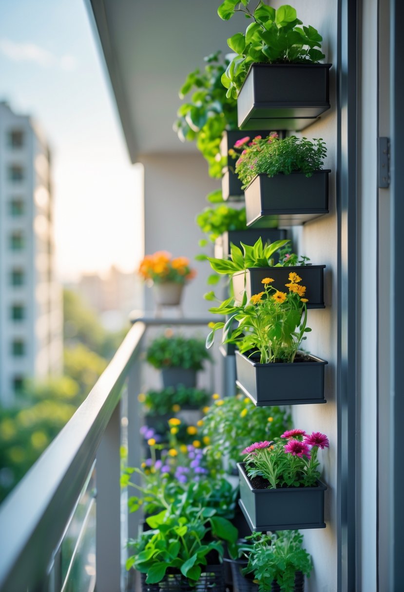 A balcony with a vertical garden of small planters attached to the railings, filled with green plants and flowers.