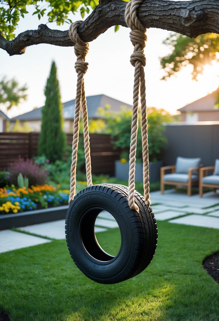 A tire swing hanging from a tree branch in a backyard garden with grass and flowers.