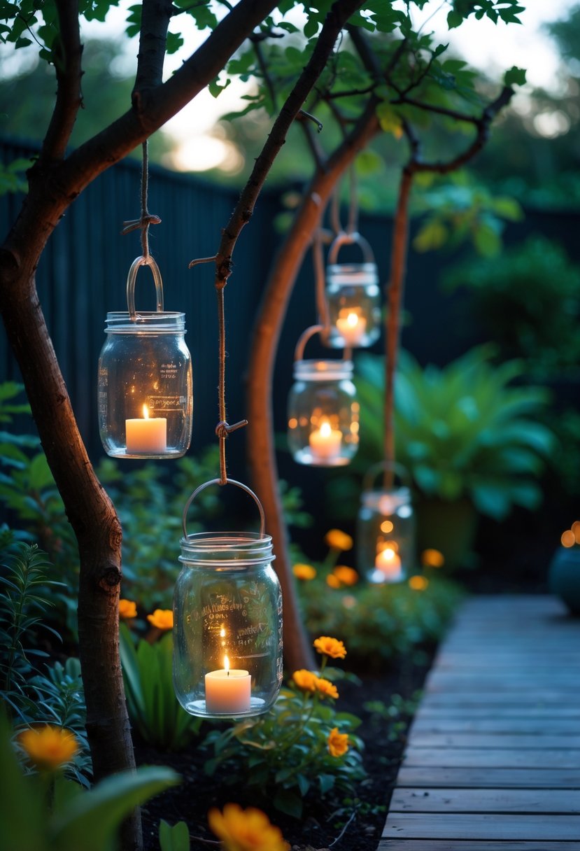 Outdoor garden with recycled glass jars hanging as lanterns glowing softly among green plants and flowers at dusk.