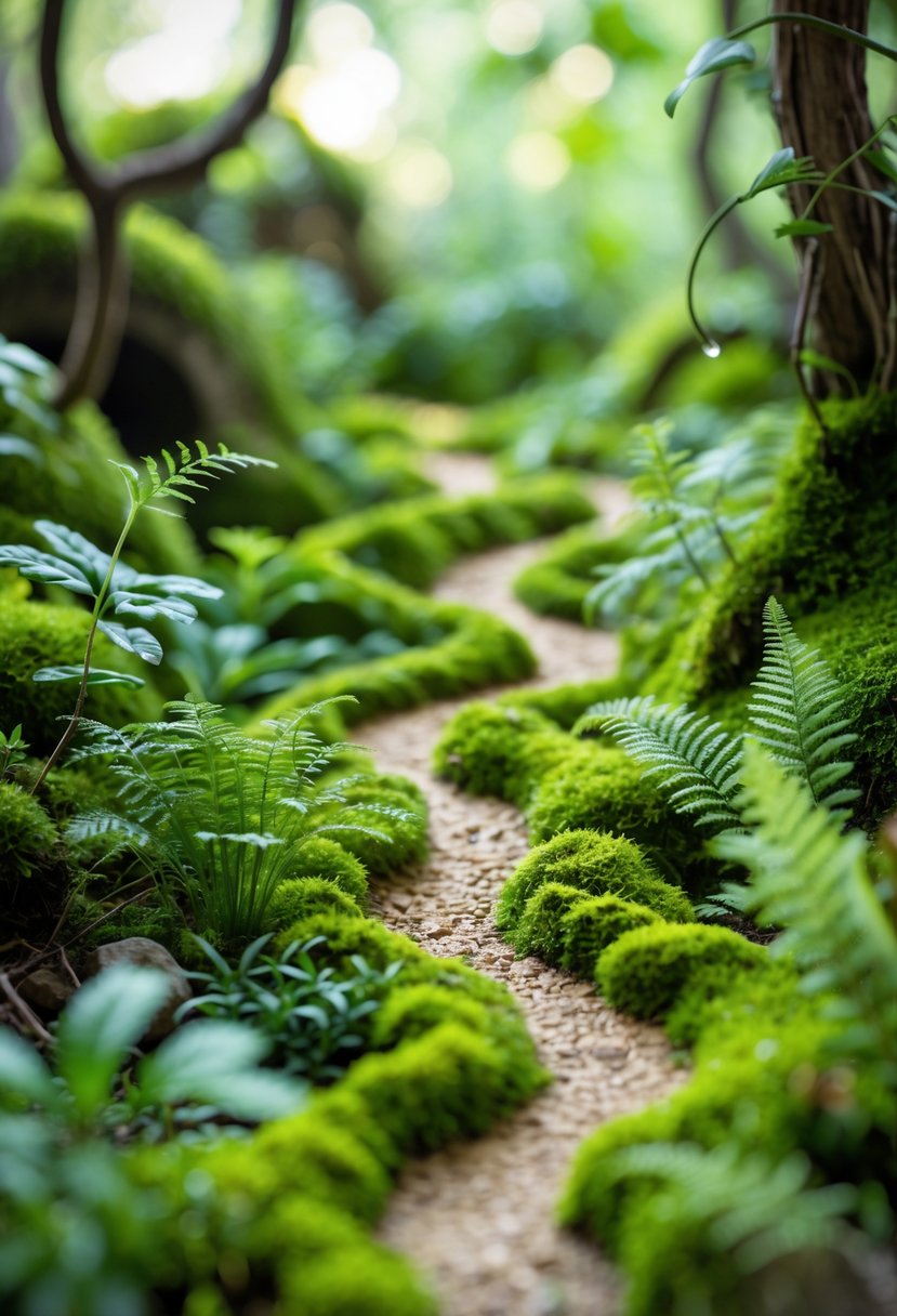 Miniature moss-covered pathways winding through tiny ferns in a small forest garden setting.