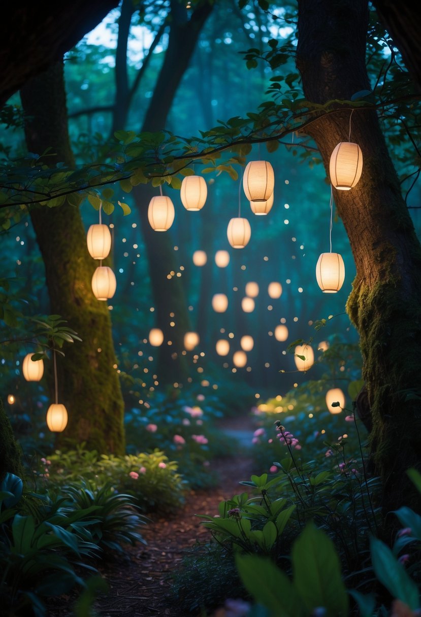 Soft glowing lanterns hanging from tree branches in a lush forest garden at twilight.