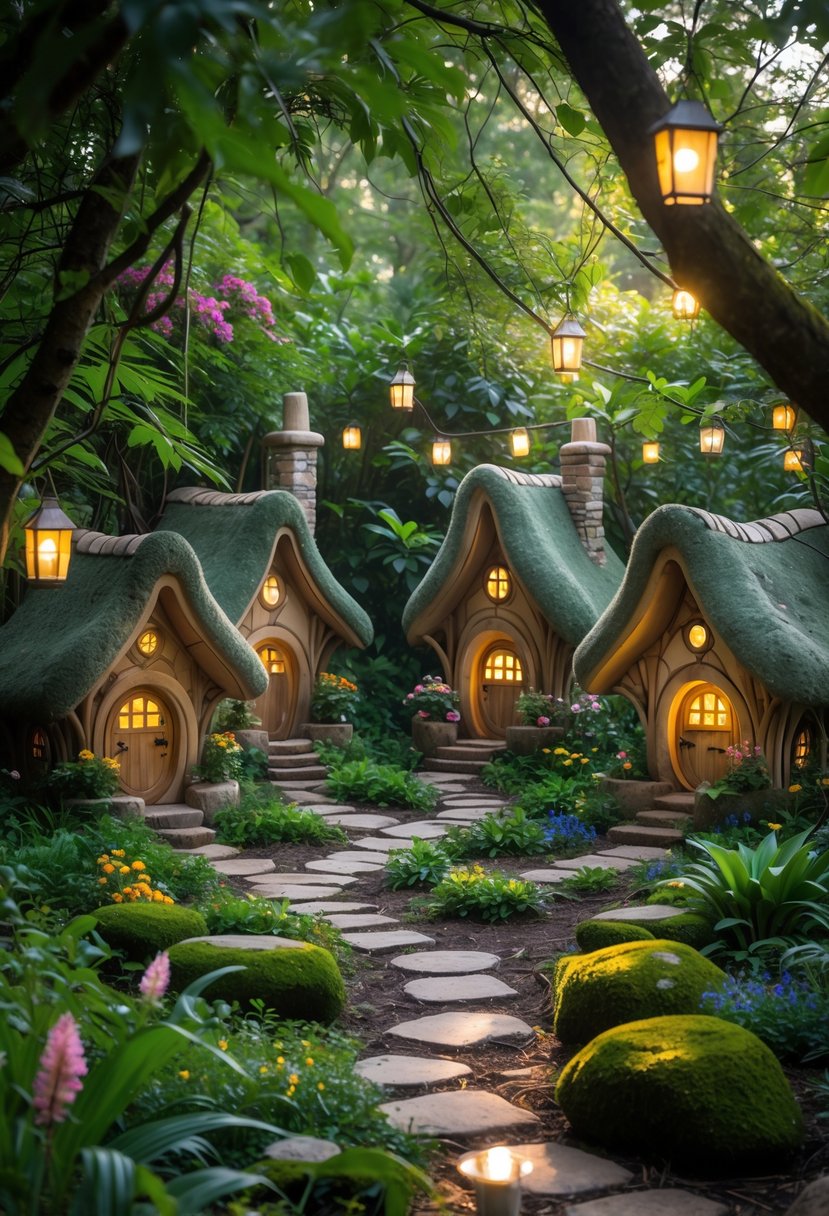 A group of small fairy cottages with thatched roofs surrounded by trees, flowers, and winding garden paths in a forest.