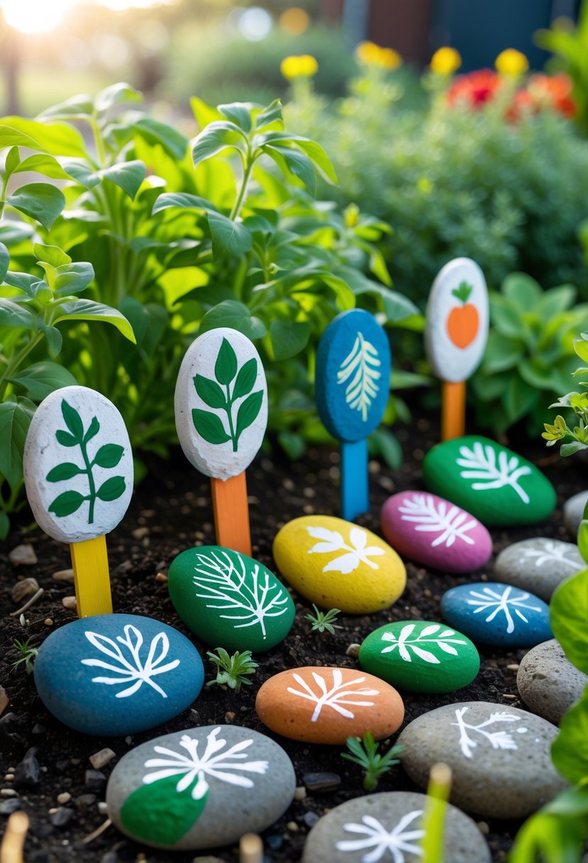 Painted stones used as garden markers placed among green plants in a garden bed.
