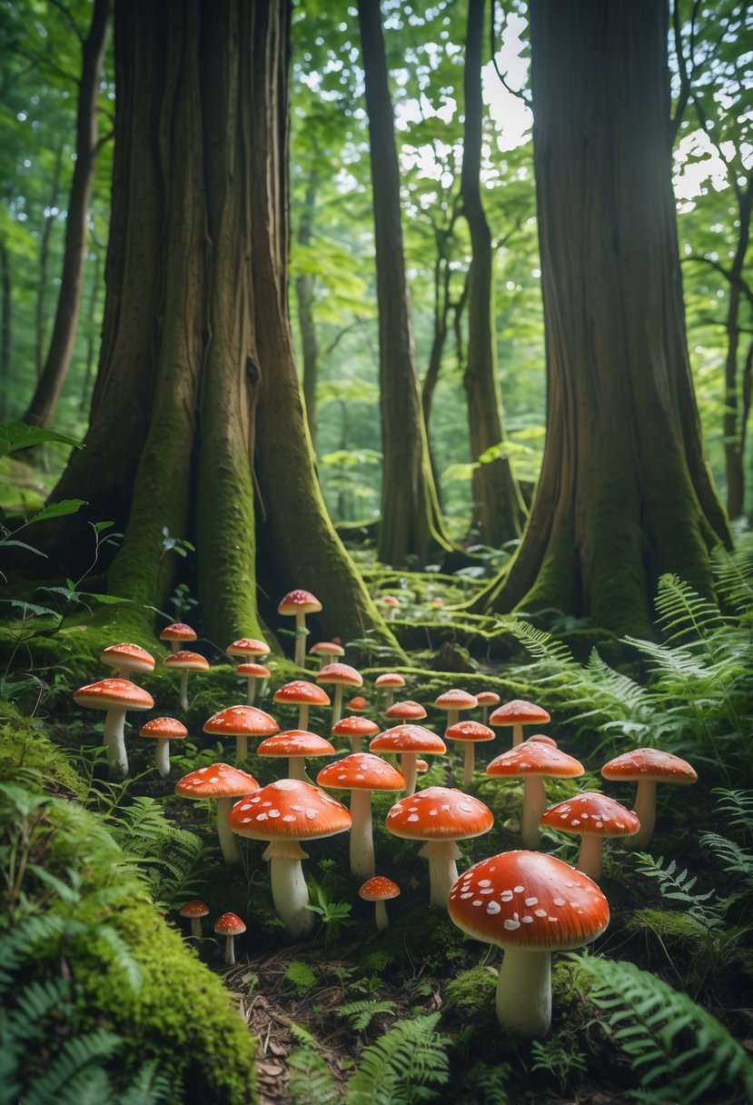 Tiny red and white mushroom stools arranged under tall trees in a green forest garden with ferns and moss.