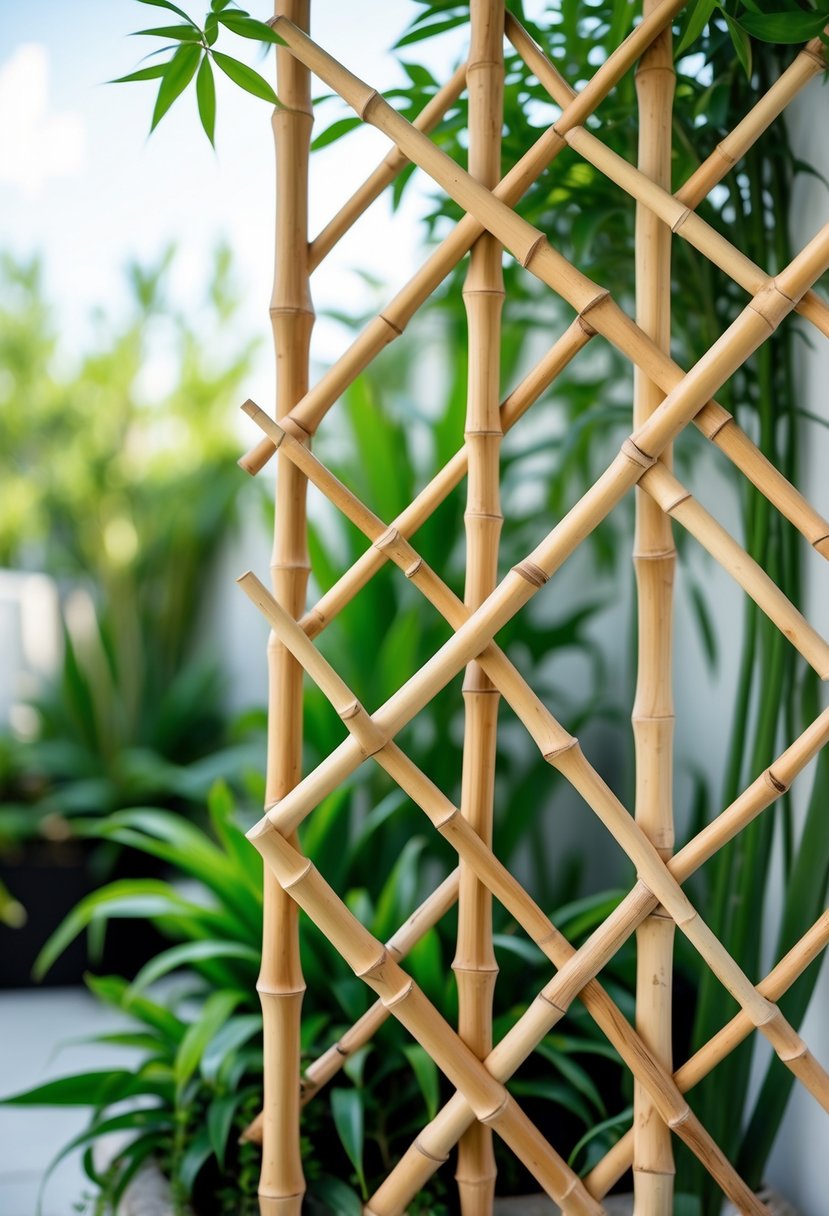 A geometric bamboo trellis in a garden with green plants in the background.