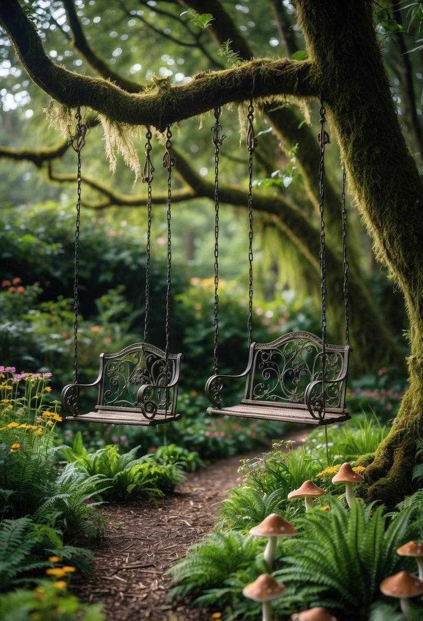 Miniature wrought iron garden swings hanging from tree branches in a lush, green forest with wildflowers and ferns.