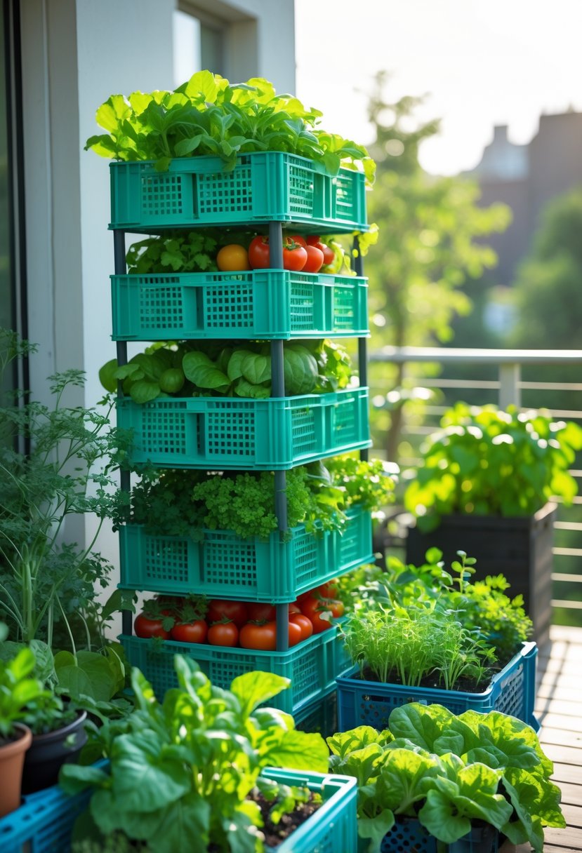 Stackable plastic crates filled with various fresh vegetables arranged vertically in an outdoor garden setting.