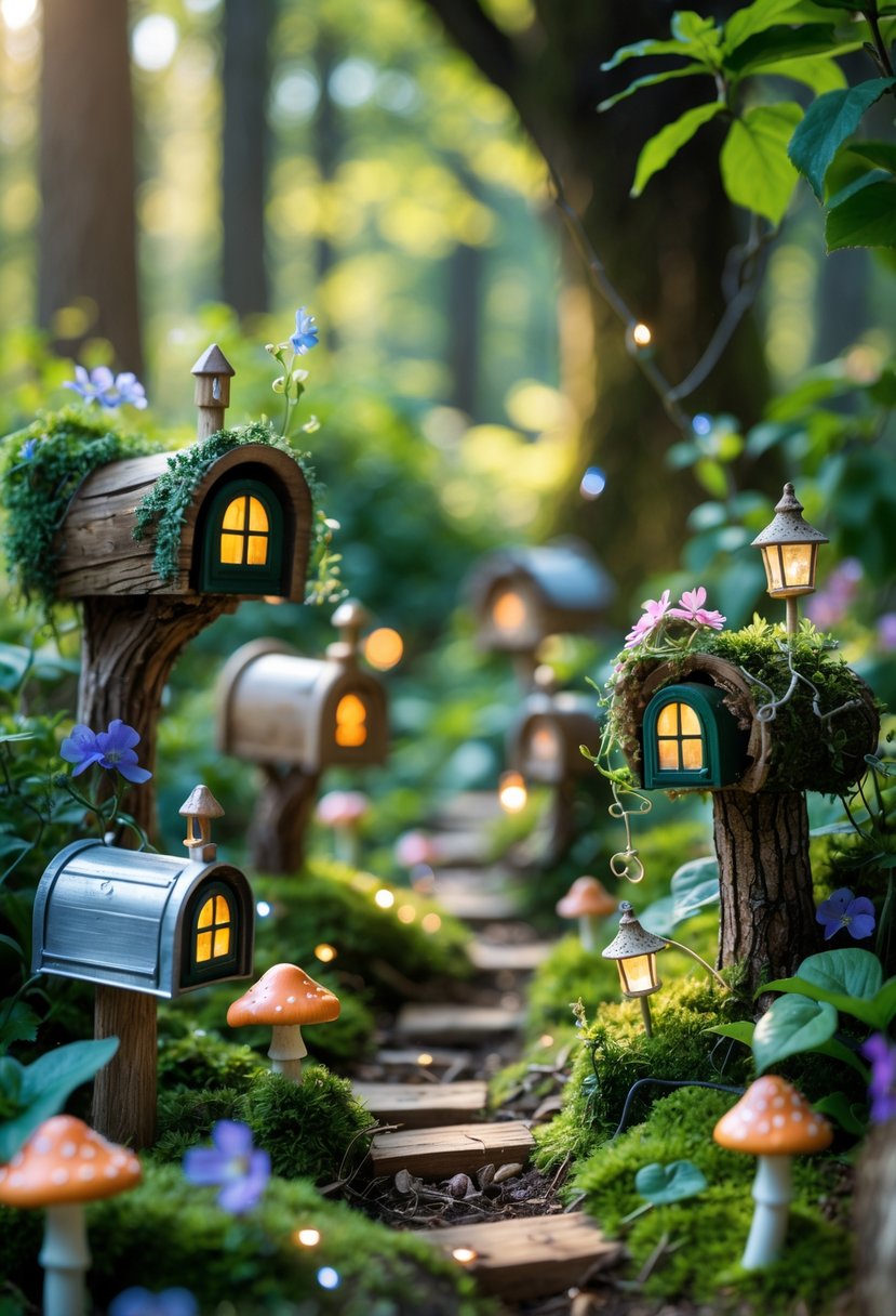 Miniature fairy mailboxes surrounded by plants and flowers in a forest garden.