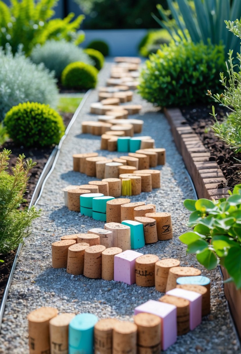 A garden with pathways made from painted wine corks surrounded by green plants and shrubs.