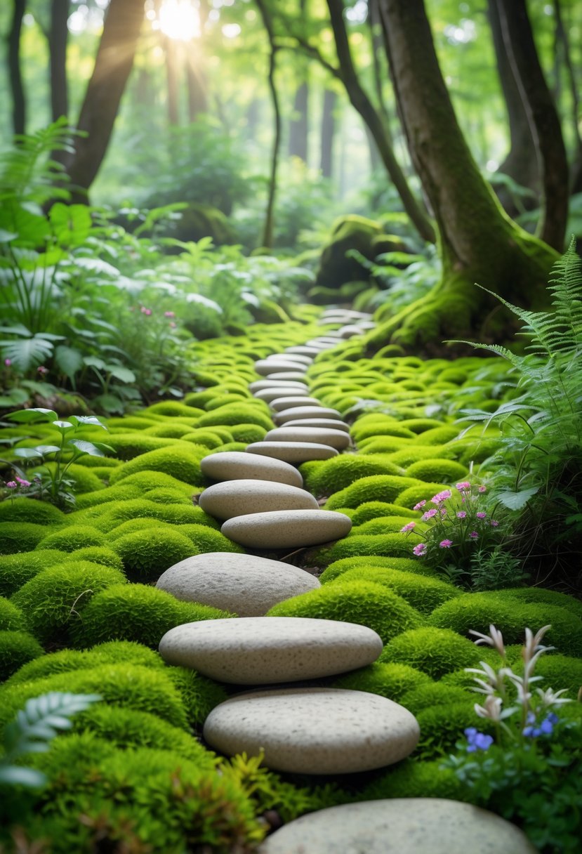 A green moss-covered forest floor with pebble stepping stones forming a path surrounded by trees and plants.