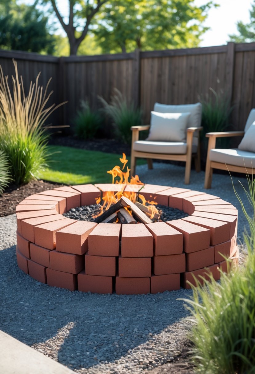 A backyard garden with a circular brick fire pit surrounded by chairs and plants.