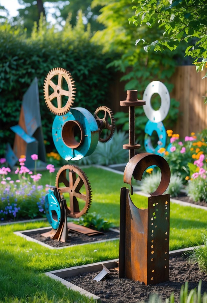 A backyard garden with sculptures made from scrap metal pieces displayed among grass and flowers.