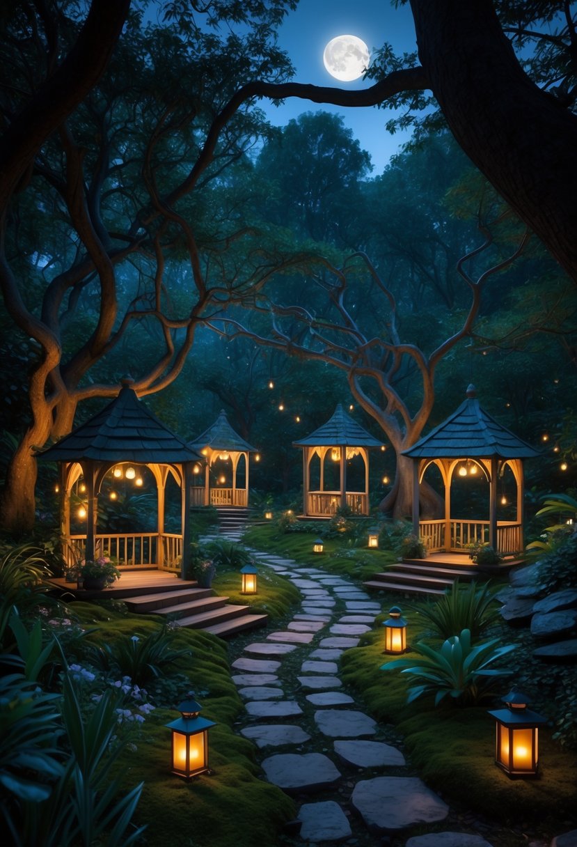 A peaceful forest garden with small lantern-lit gazebos surrounded by trees and plants at twilight.