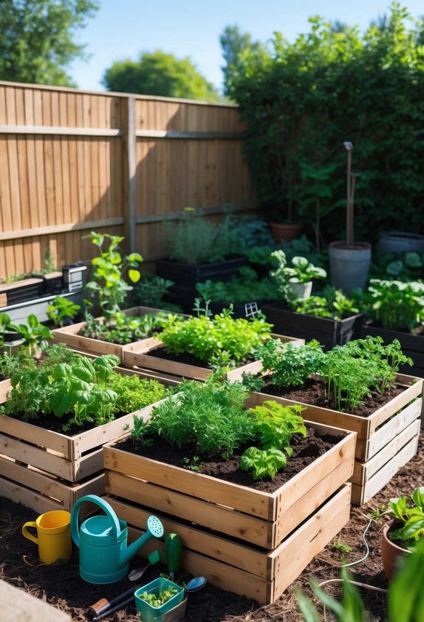 Raised garden beds made from old wooden crates filled with plants in a backyard garden.