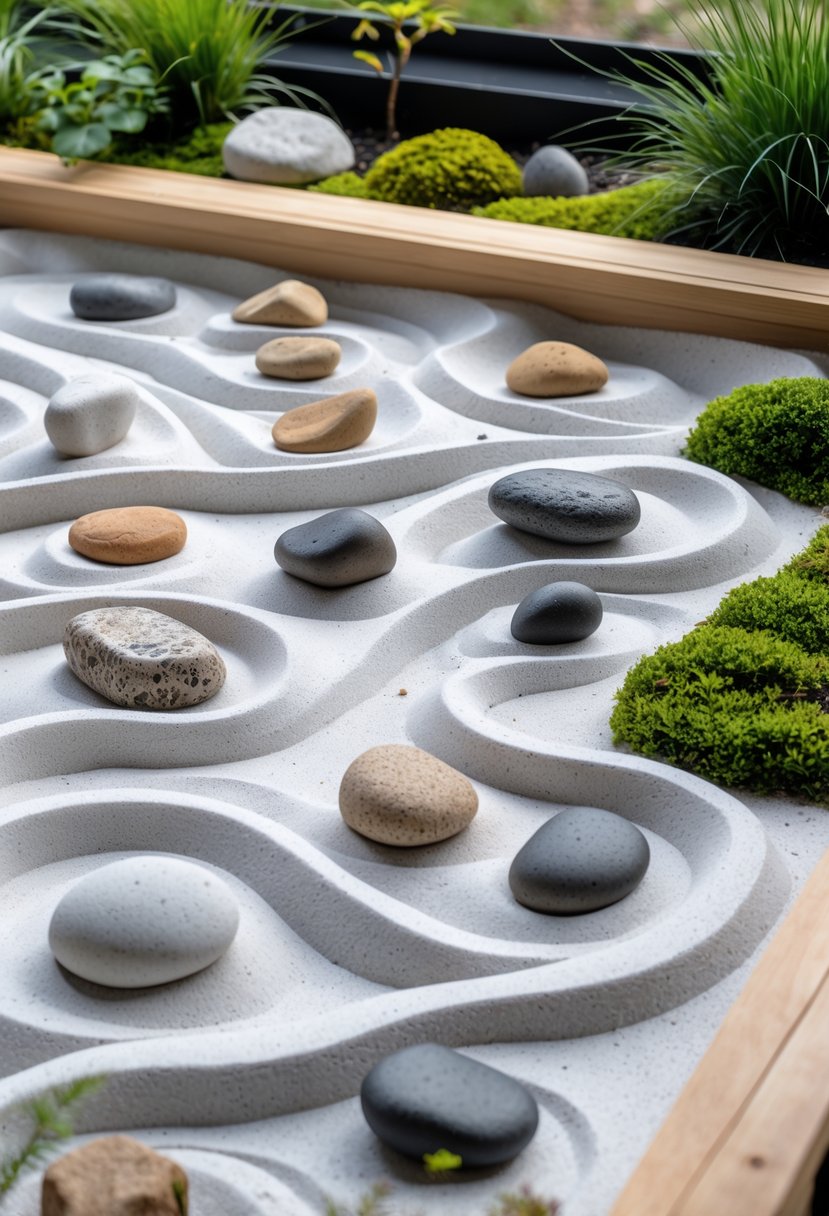 A small outdoor zen garden with raked white sand, various natural stones, and green plants around the edges.