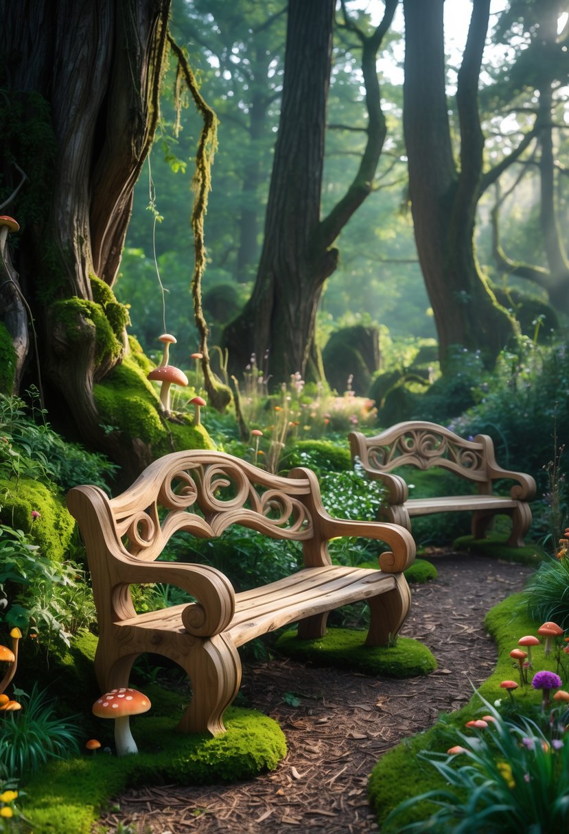 Wooden benches carved with fairy-tale designs in a lush forest garden surrounded by moss, flowers, and trees.