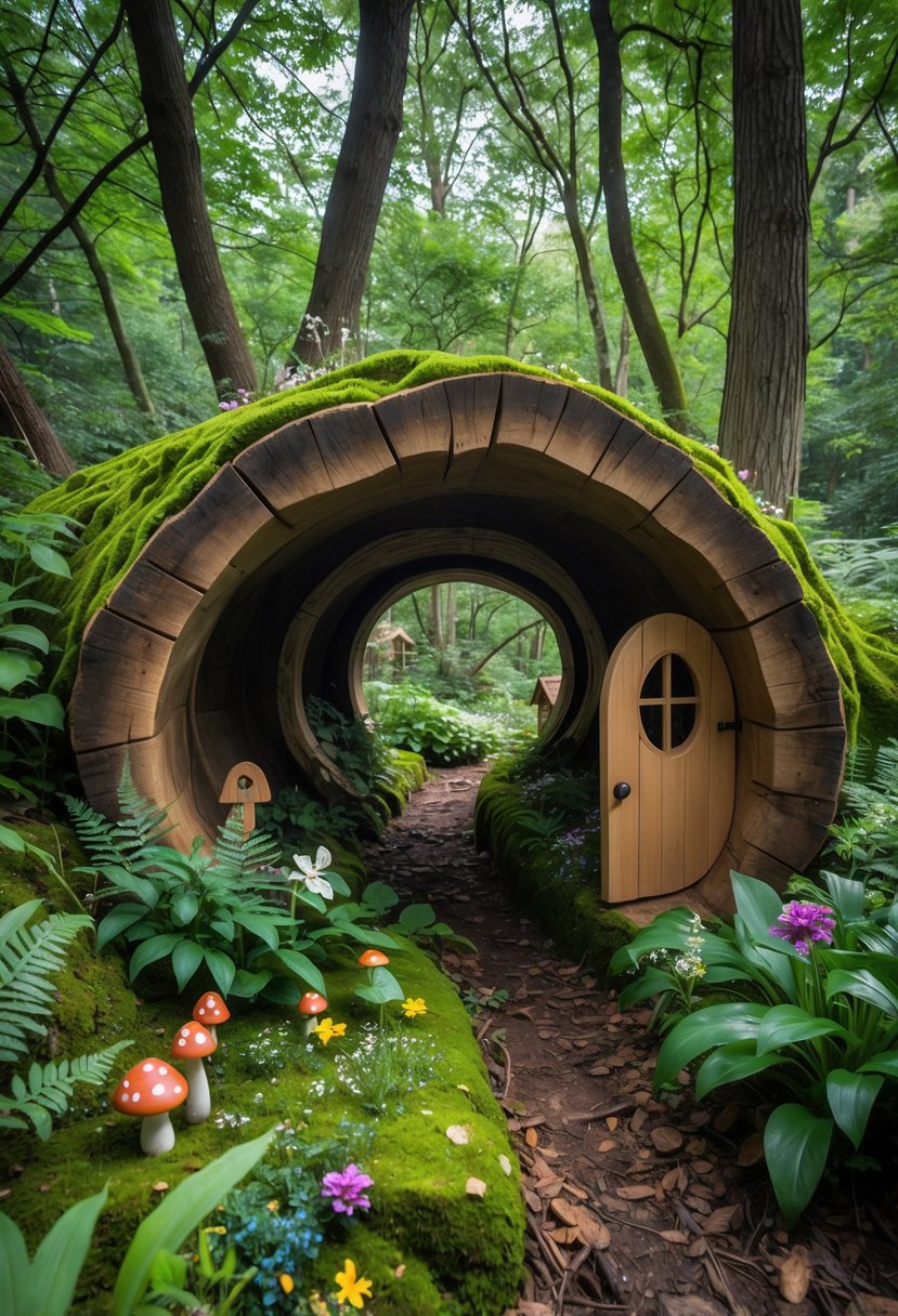 A hollow log tunnel surrounded by moss, ferns, and flowers in a green forest with sunlight filtering through the trees.