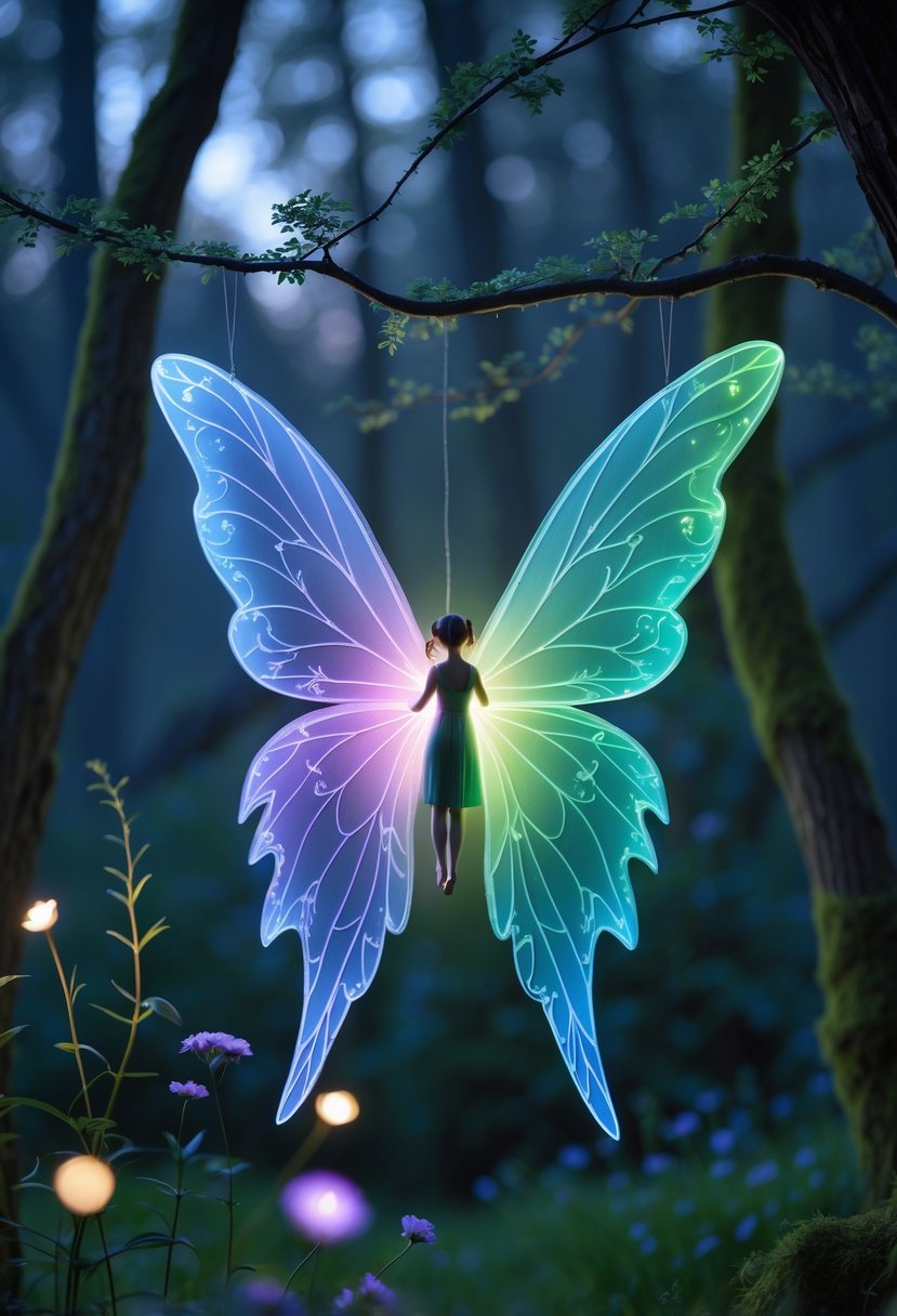 Glow-in-the-dark fairy wings hanging from branches in a forest garden at twilight.
