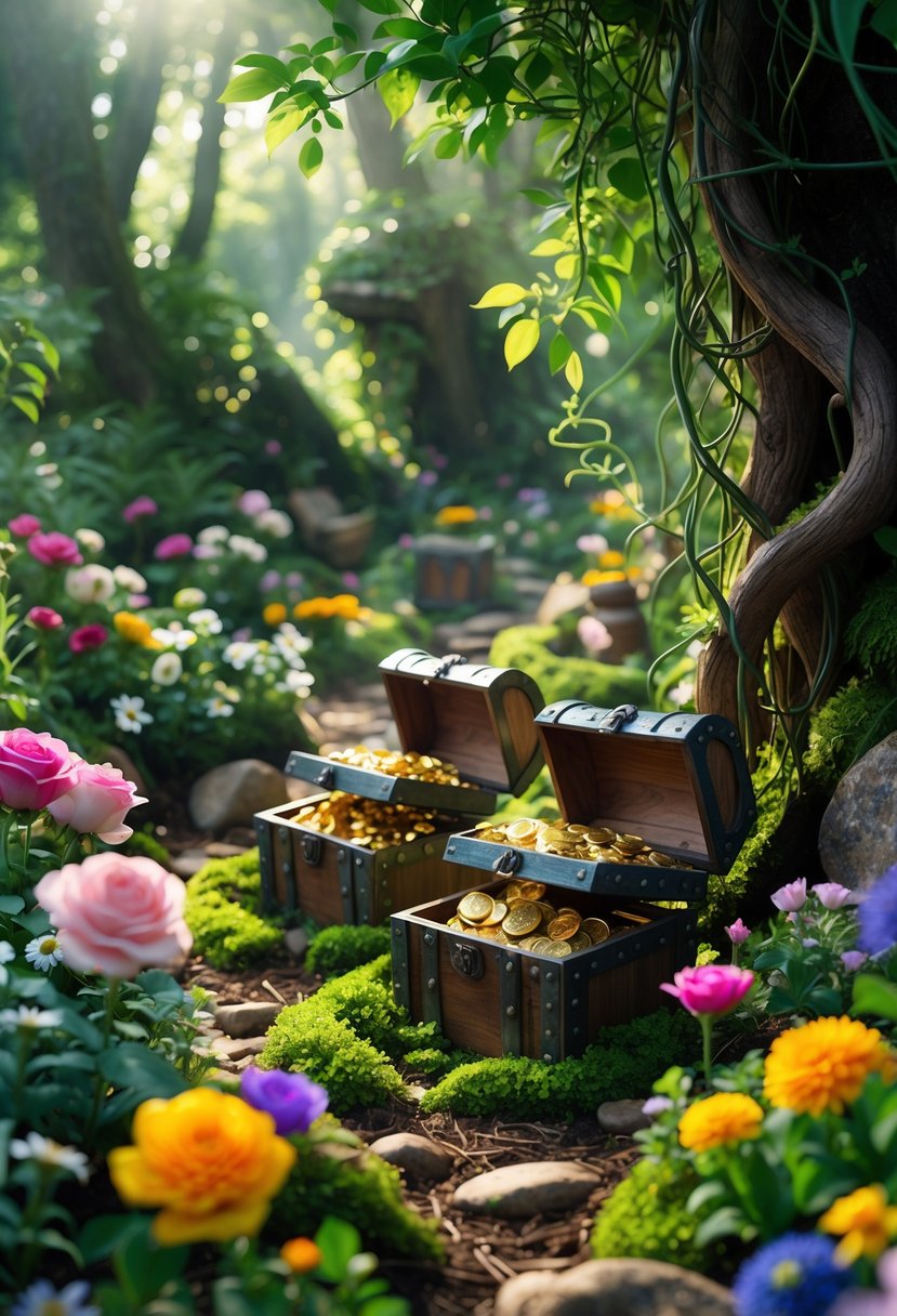Tiny treasure chests partially hidden among colorful flowers in a forest garden with sunlight filtering through trees.
