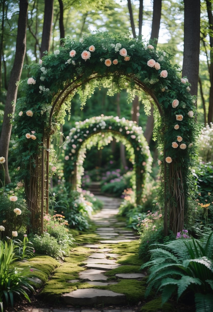 Delicate floral archways covered with vines in a forest garden with sunlight filtering through trees.