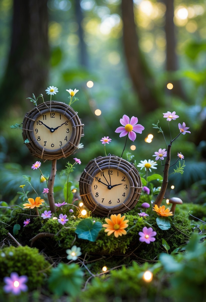 A close-up view of clocks made from twigs and flowers set in a lush fairy garden with moss, mushrooms, and soft sunlight filtering through forest trees.