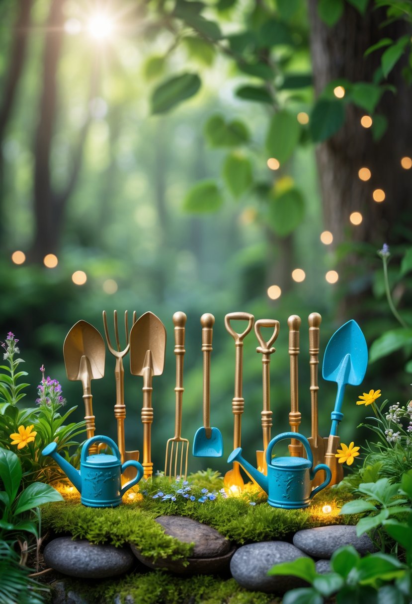 A collection of tiny garden tools arranged on moss and surrounded by green plants and flowers in a forest setting.